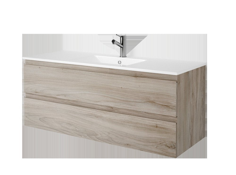 48" Natural Wood Freestanding Bathroom Vanity With White Sink And Two Drawers