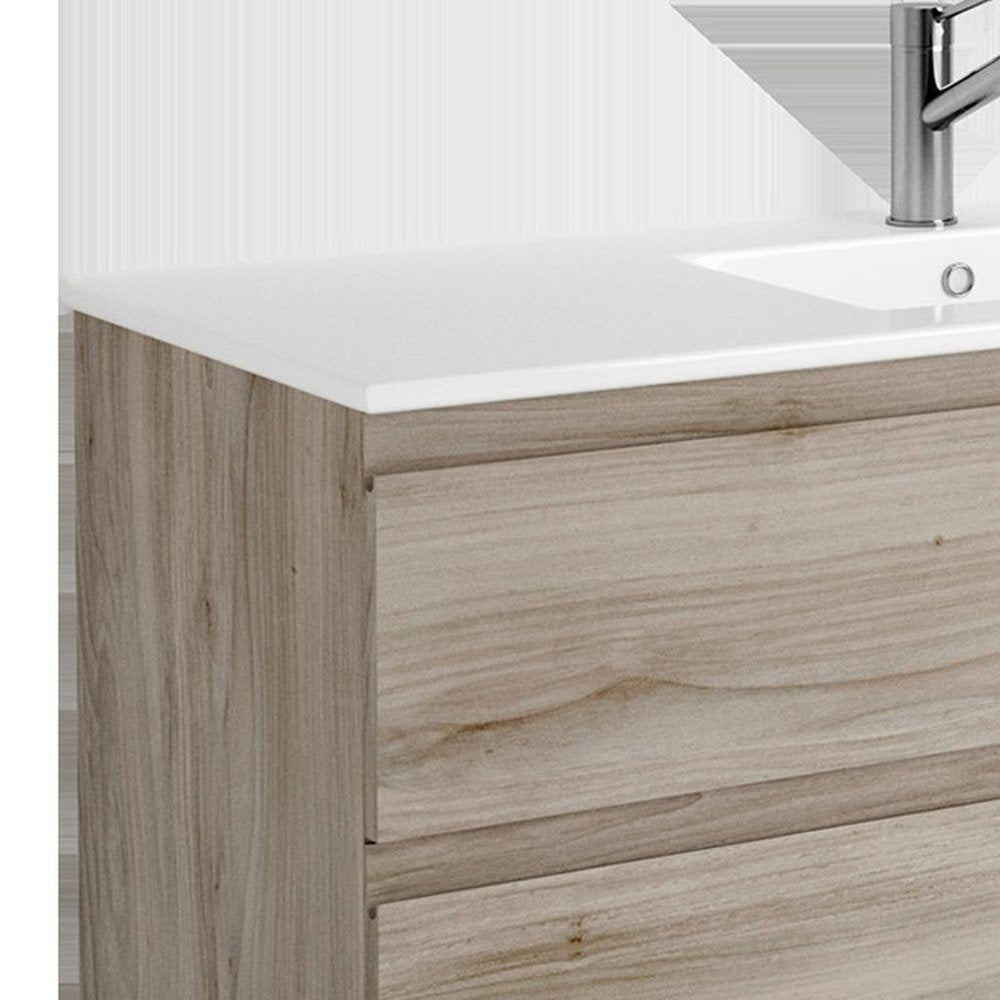 48" Natural Wood Freestanding Bathroom Vanity With White Sink And Two Drawers