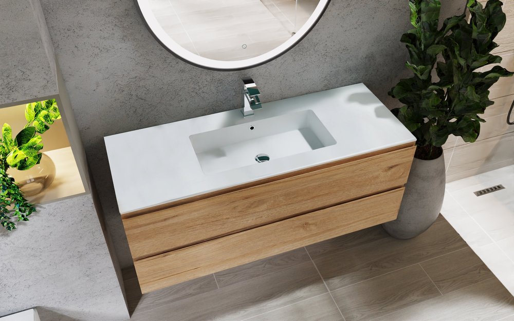 48" Oak Wood Freestanding Bathroom Vanity With White Sink And Two Drawers