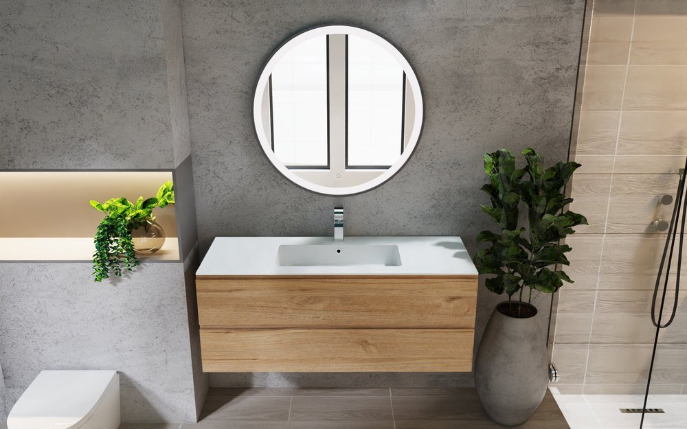 48" Oak Wood Freestanding Bathroom Vanity With White Sink And Two Drawers