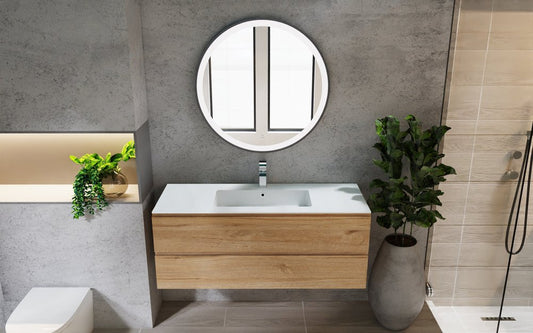 48" Oak Wood Freestanding Bathroom Vanity With White Sink And Two Drawers