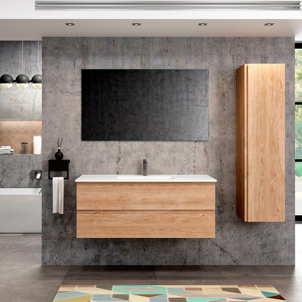 48" Oak Wood Freestanding Bathroom Vanity With White Sink And Two Drawers