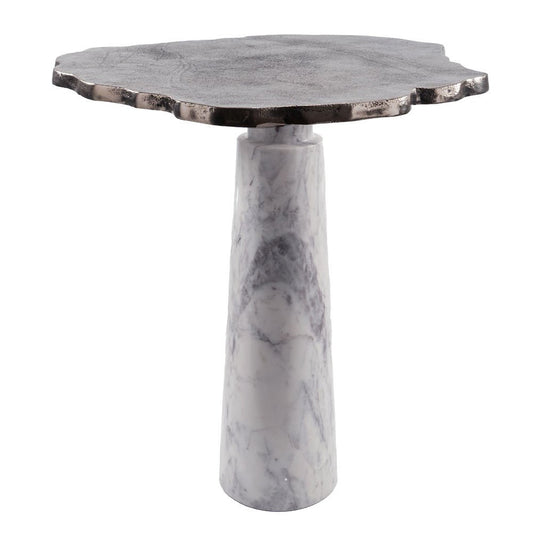 22" Silver and White Aluminum and Marble Pedestal End Table