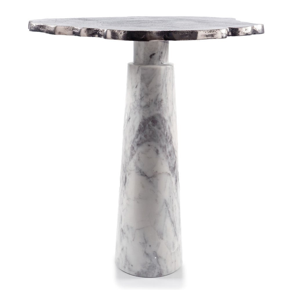 22" Silver and White Aluminum and Marble Pedestal End Table