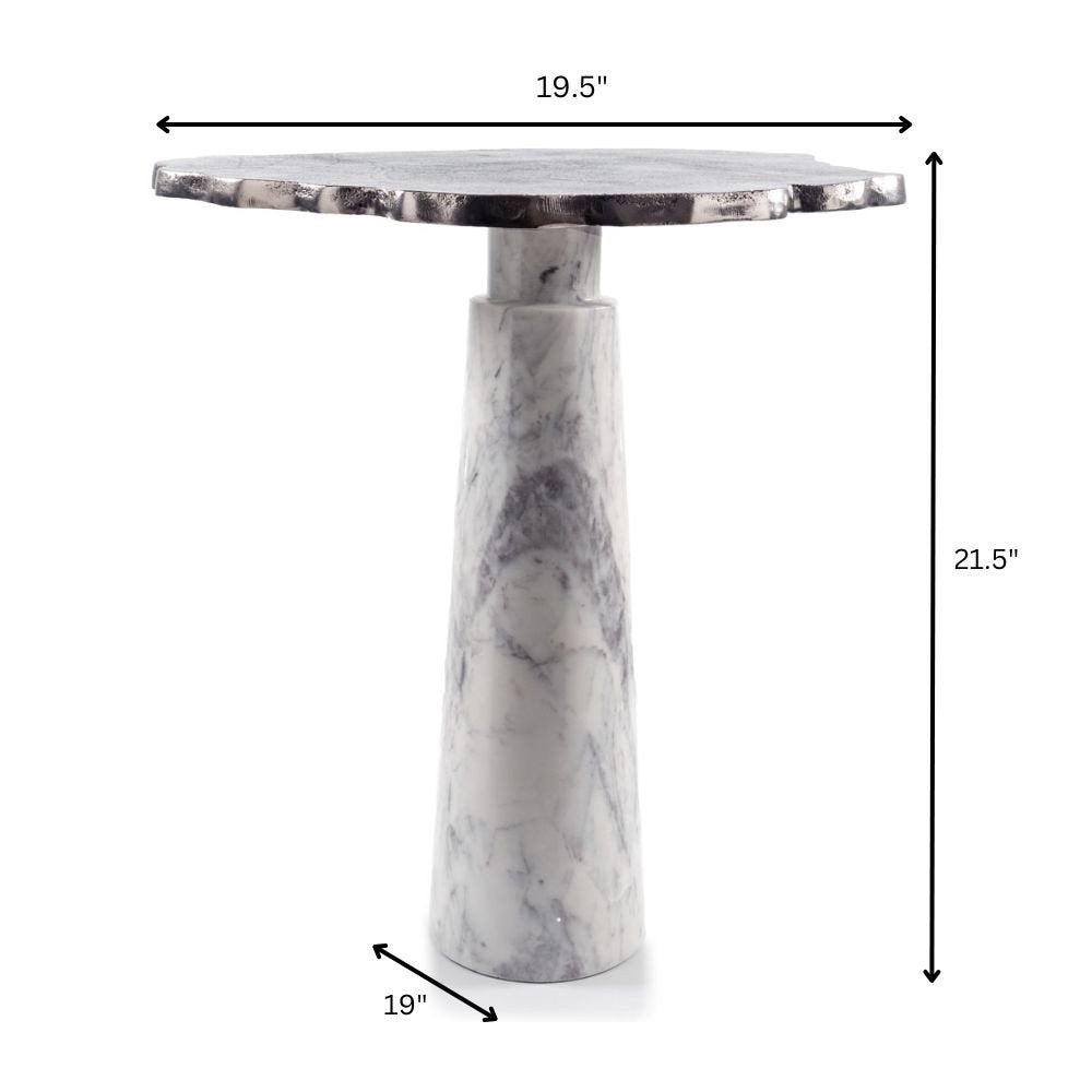 22" Silver and White Aluminum and Marble Pedestal End Table