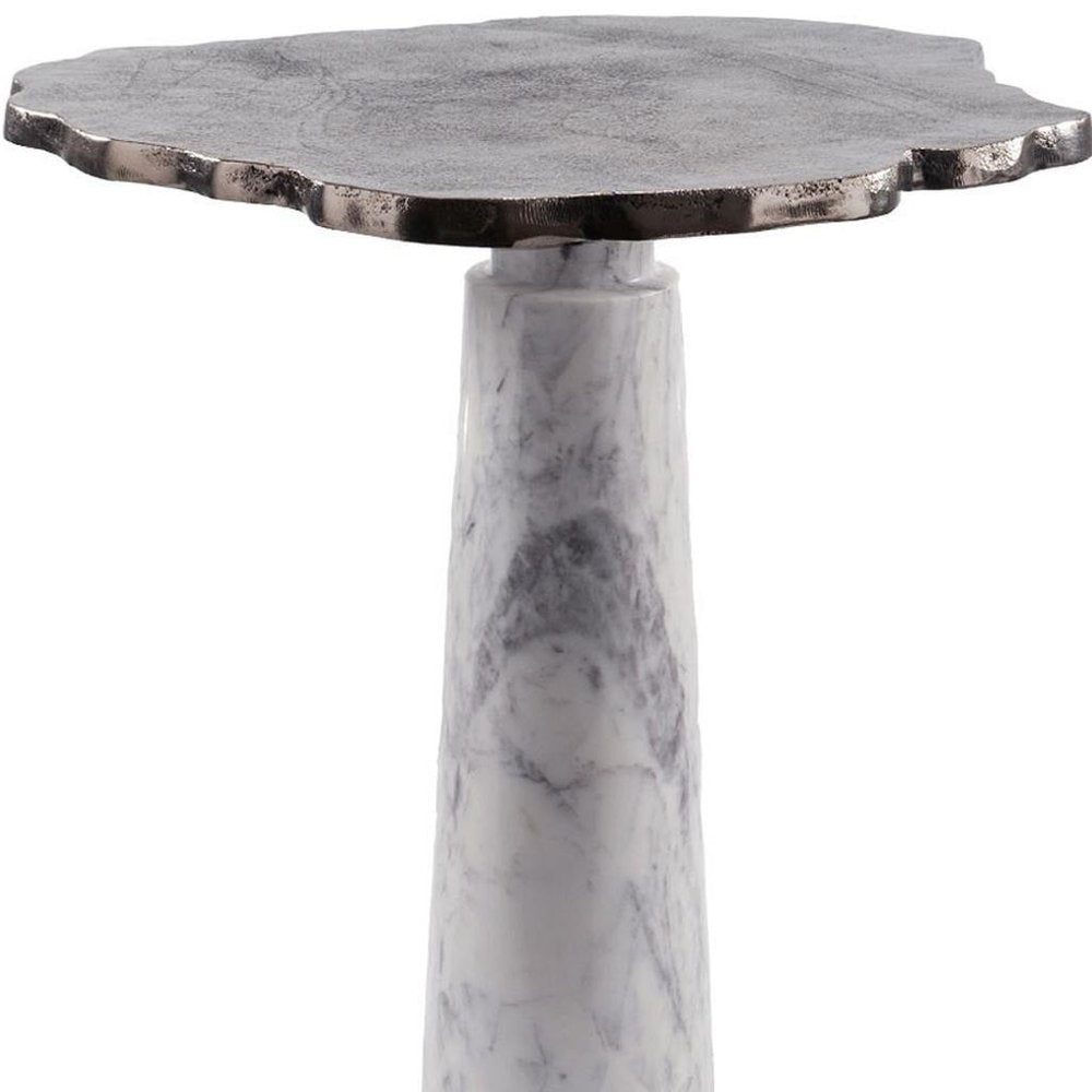 22" Silver and White Aluminum and Marble Pedestal End Table