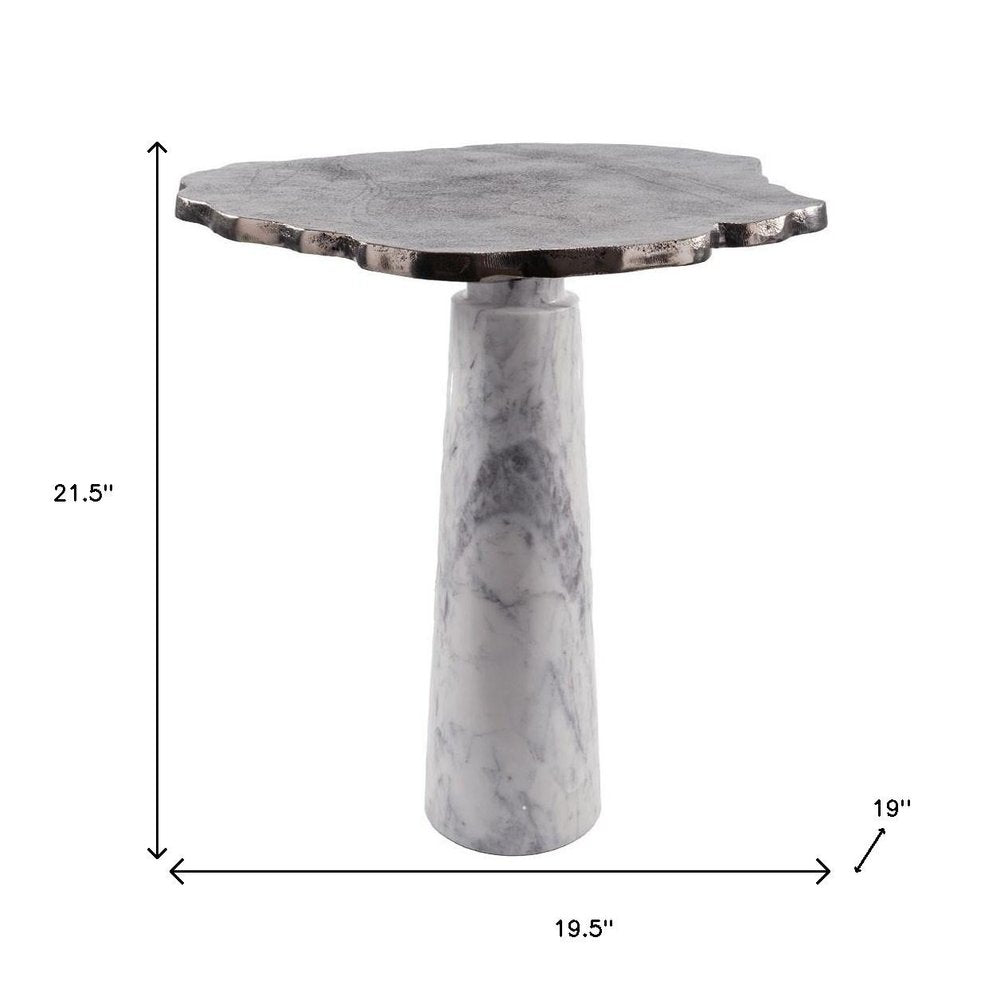 22" Silver and White Aluminum and Marble Pedestal End Table