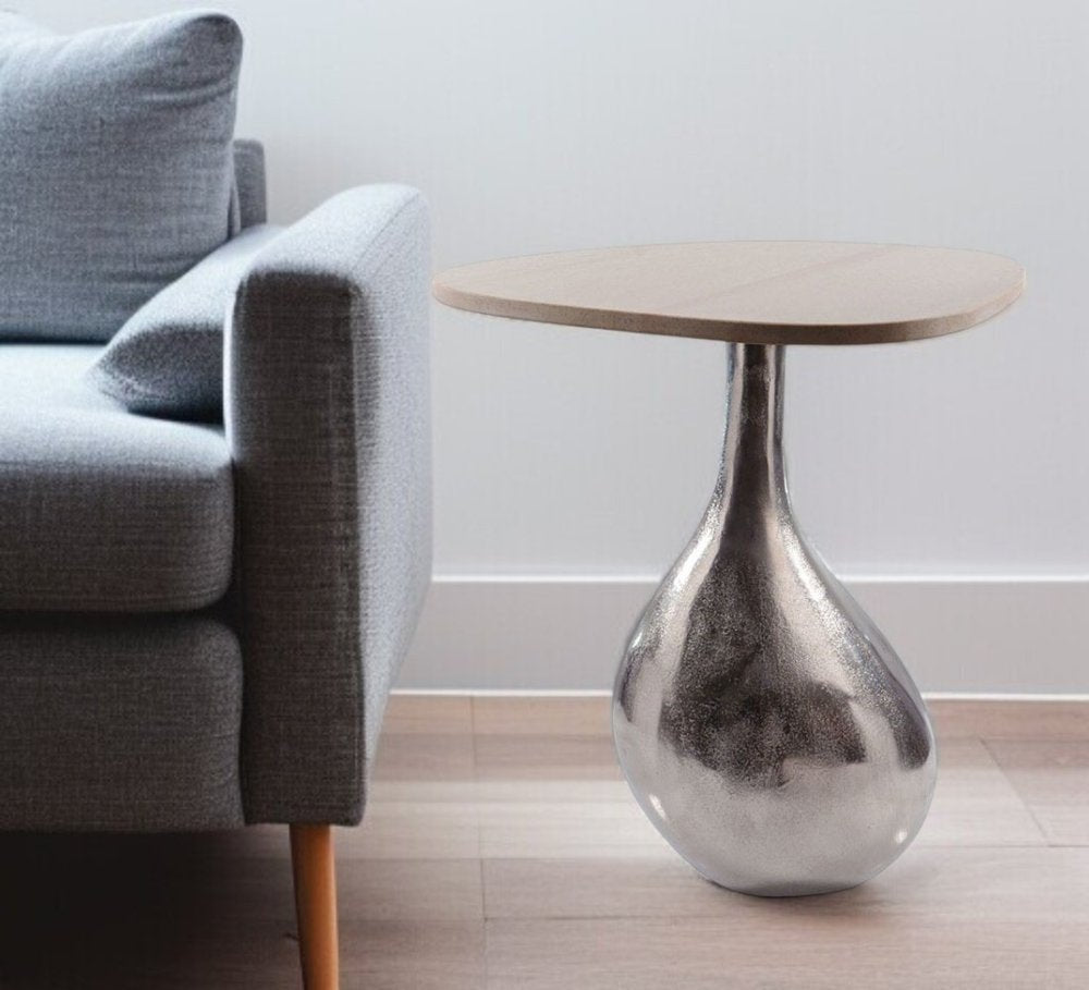 22" Silver And Beige Cast Aluminum And Marble Pedestal End Table