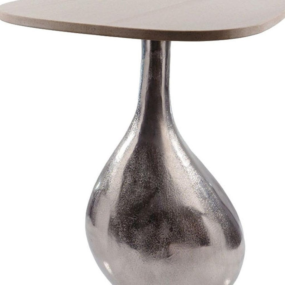 22" Silver And Beige Cast Aluminum And Marble Pedestal End Table
