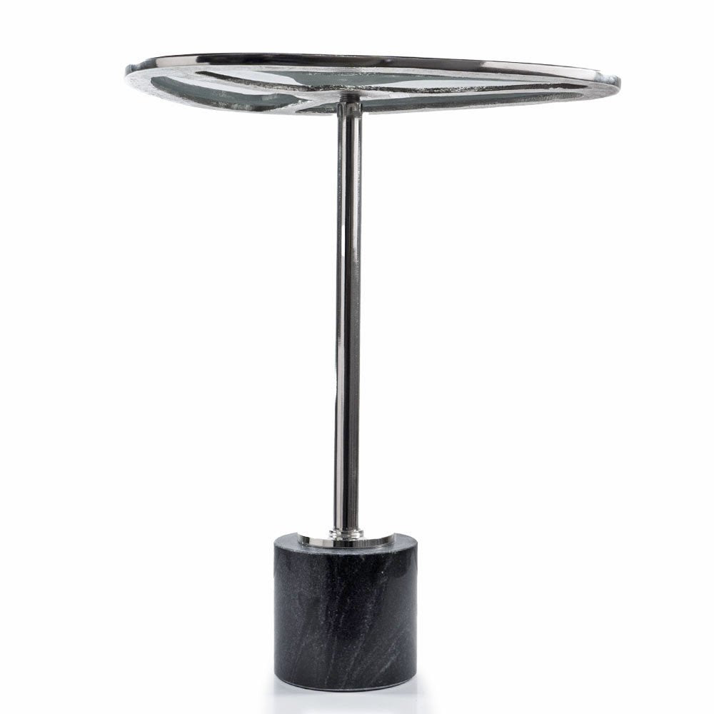22" Smoky Black and Silver Aluminum Glass and Marble Pedestal End Table