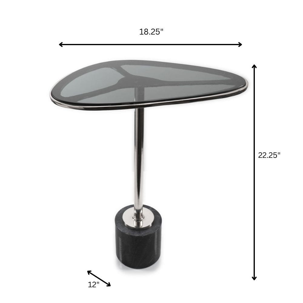22" Smoky Black and Silver Aluminum Glass and Marble Pedestal End Table