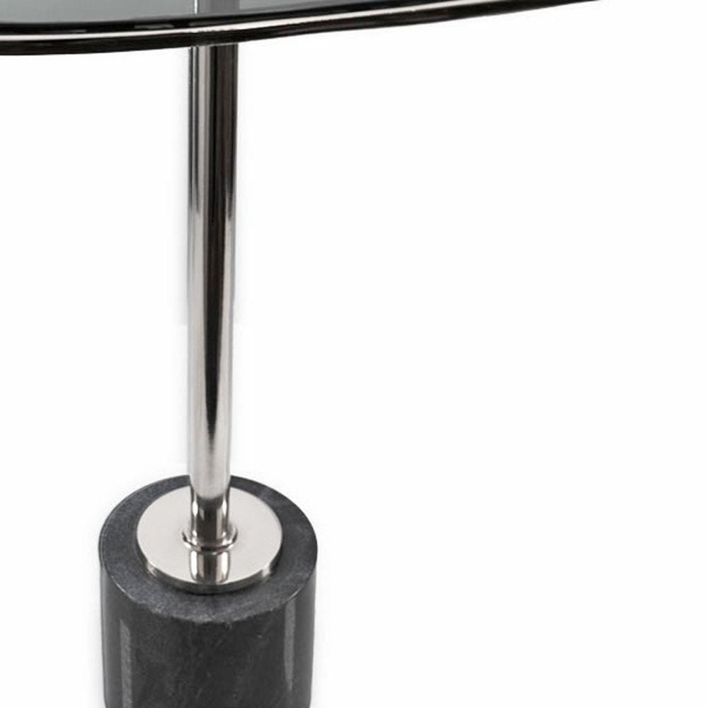 22" Smoky Black and Silver Aluminum Glass and Marble Pedestal End Table
