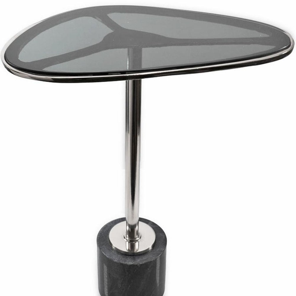 22" Smoky Black and Silver Aluminum Glass and Marble Pedestal End Table