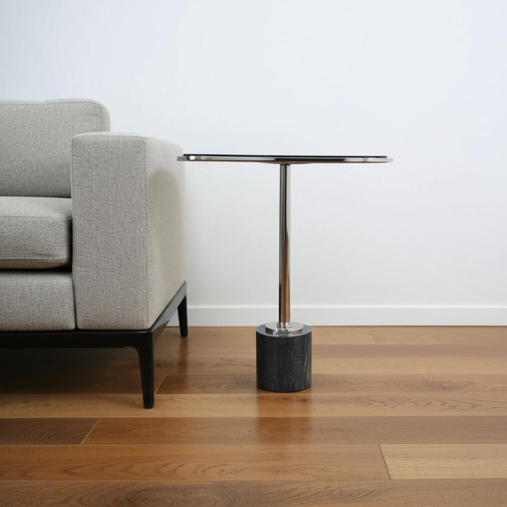 22" Smoky Black and Silver Aluminum Glass and Marble Pedestal End Table