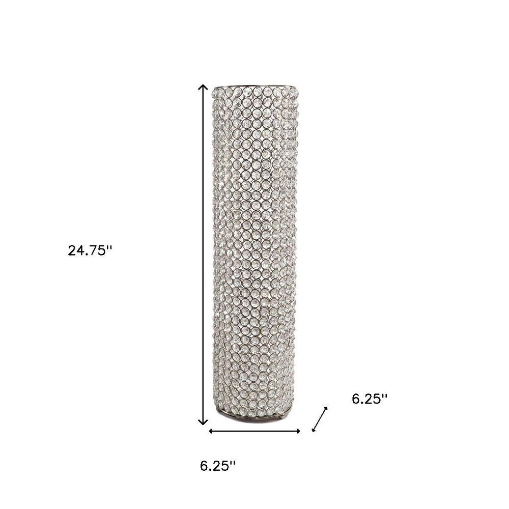 25" Clear And Silver Faux Crystal And Metal Table Vase