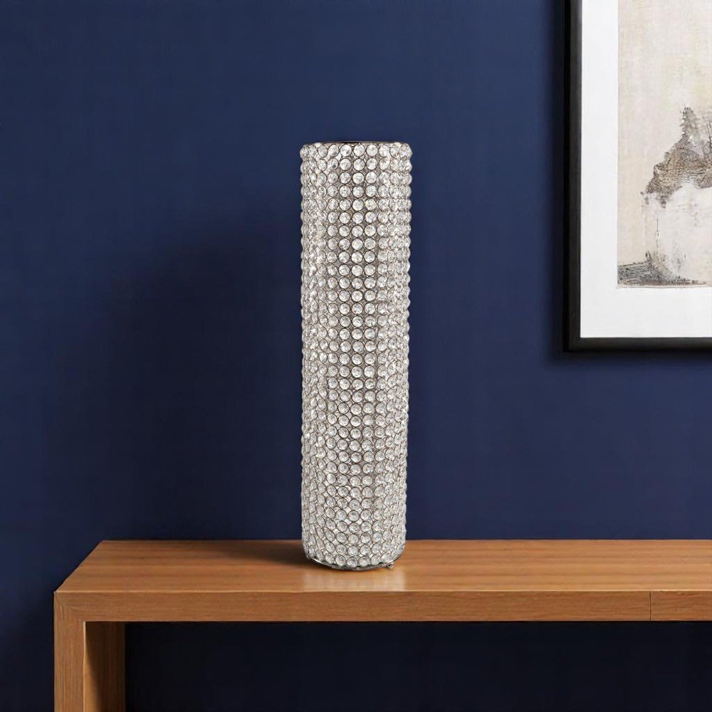 21" Clear And Silver Faux Crystal And Metal Table Vase