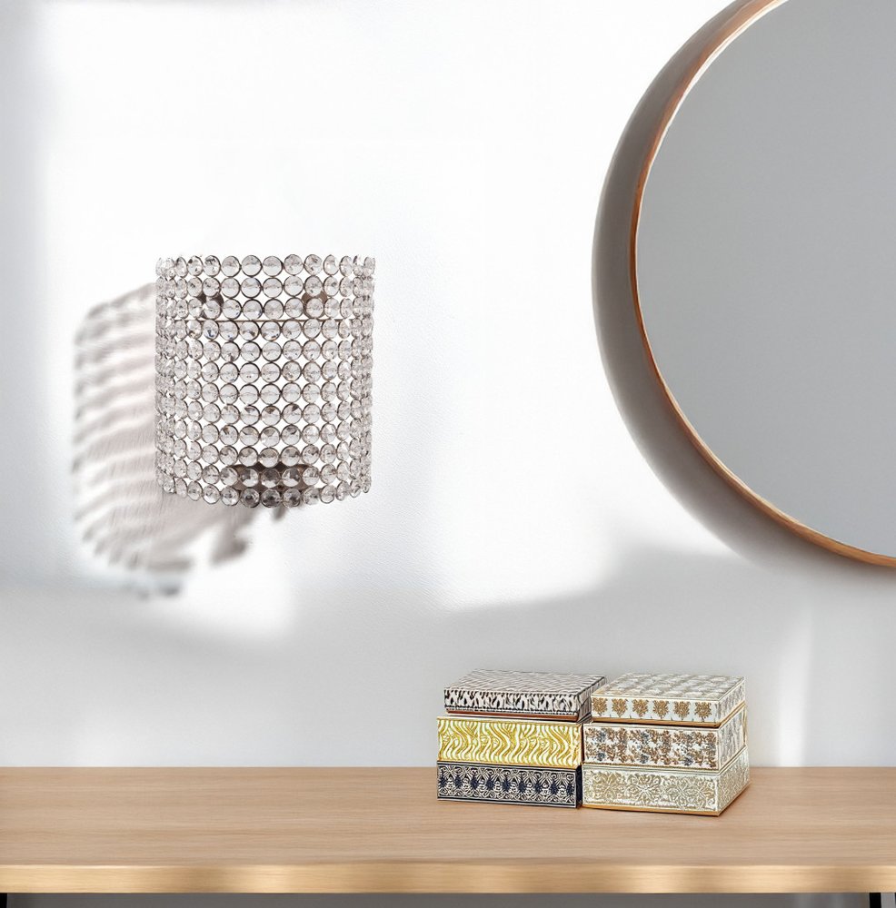 8" Clear And Silver Bejeweled Crystal Wall Sconce Candle Holder