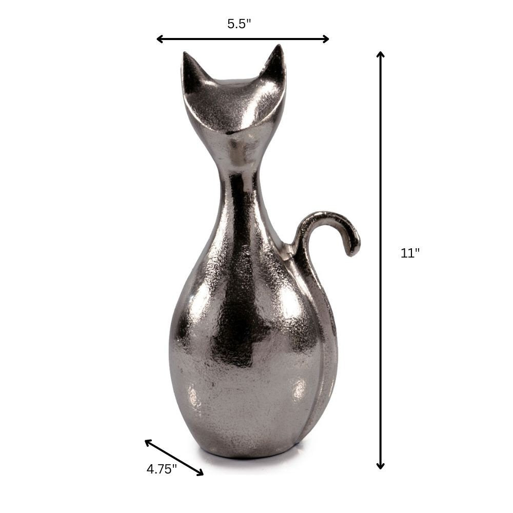 11" Silver Aluminum Cat Tabletop Sculpture