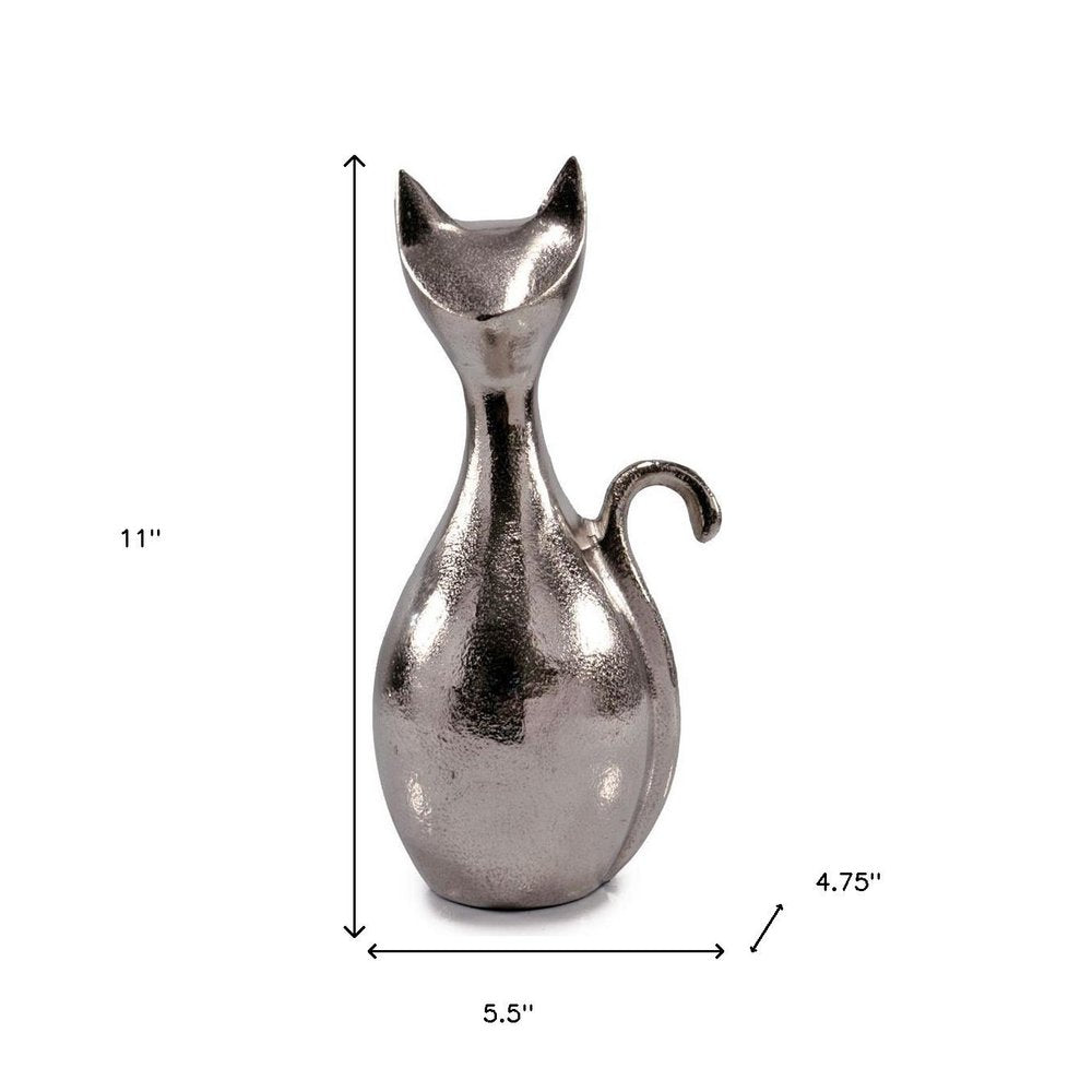 11" Silver Aluminum Cat Tabletop Sculpture