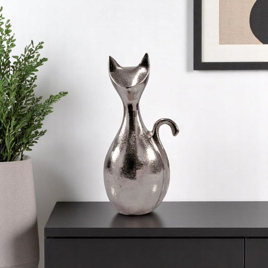 11" Silver Aluminum Cat Tabletop Sculpture