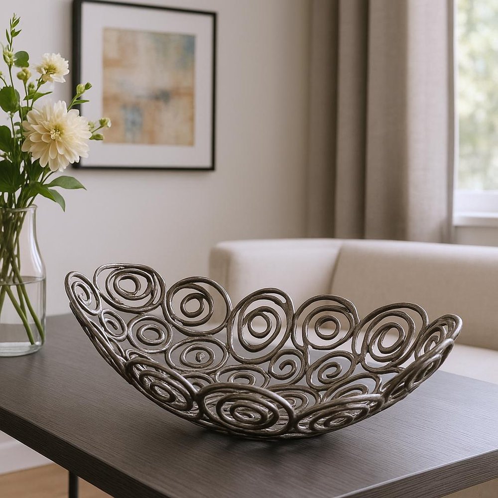 20" Silver Aluminum Abstract Circles Oval Decorative Bowl