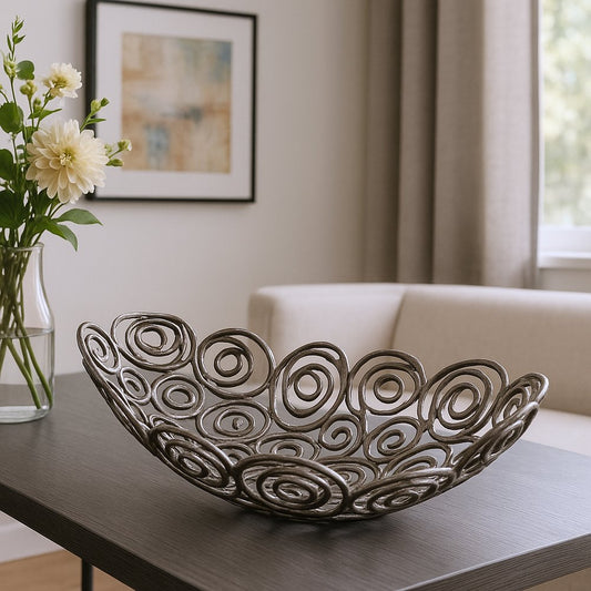 20" Silver Aluminum Abstract Circles Oval Decorative Bowl