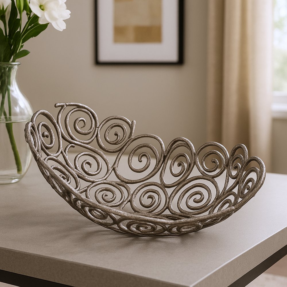 20" Silver Aluminum Abstract Circles Oval Decorative Bowl
