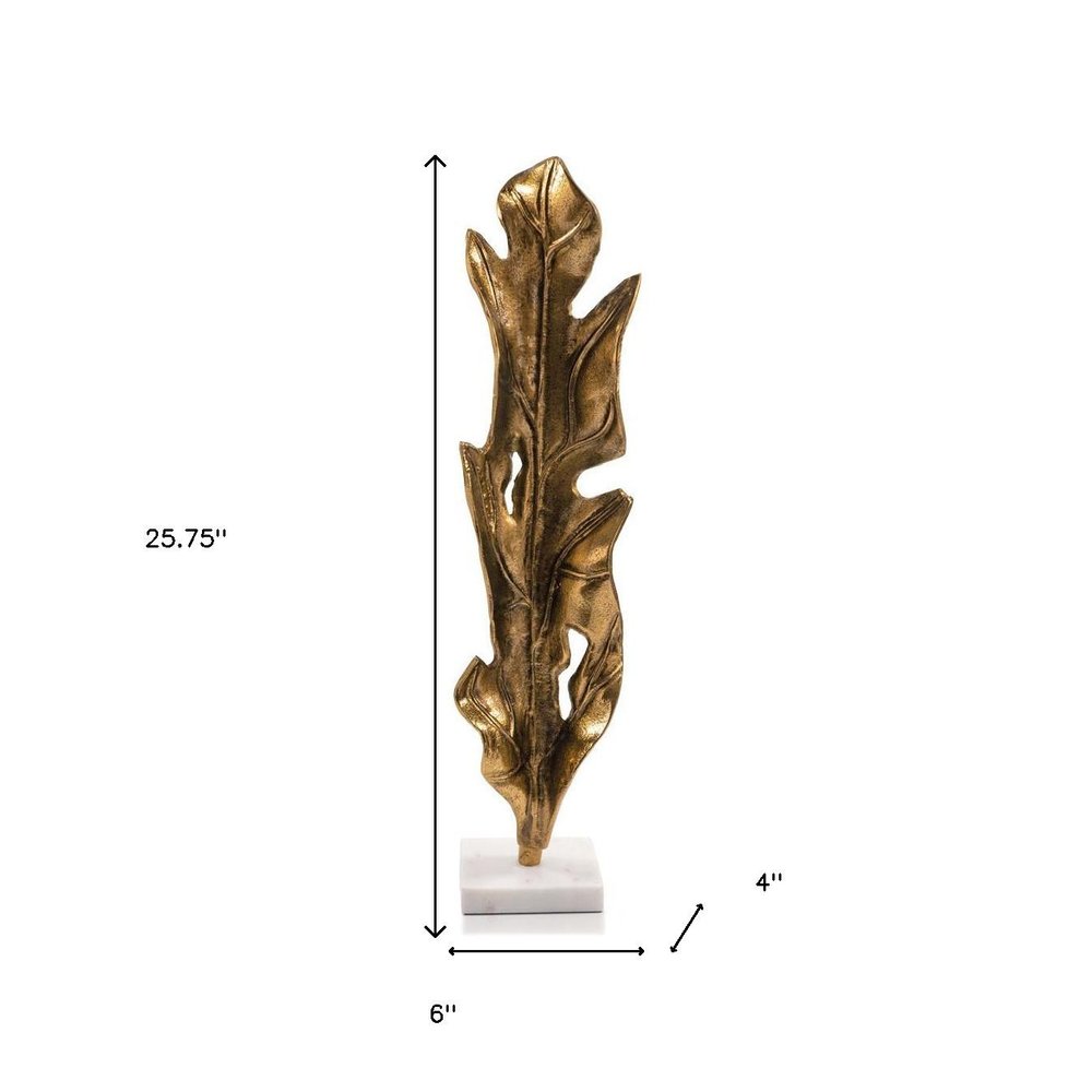 26" Antiqued Gold And White Aluminum And Marble Leaf Tabletop Sculpture