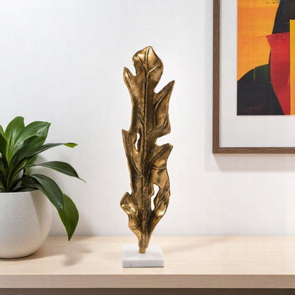 26" Antiqued Gold And White Aluminum And Marble Leaf Tabletop Sculpture