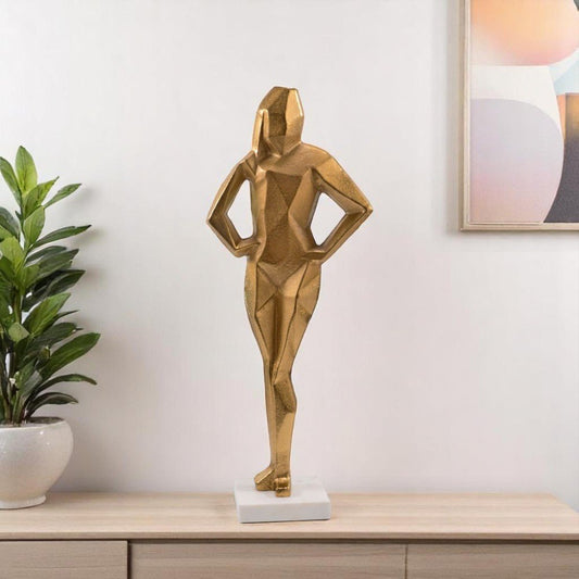 24" Gold And White Aluminum And Marble Woman Tabletop Sculpture