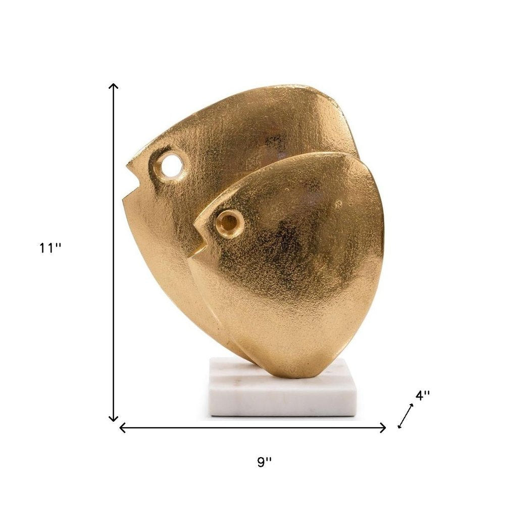 11" Gold And White Aluminum And Marble Fishes Tabletop Sculpture