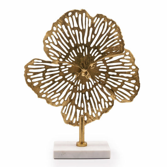 18" Antiqued Gold And White Aluminum And Marble Flowers Abstract Tabletop Sculpture