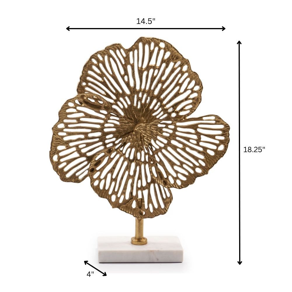 18" Antiqued Gold And White Aluminum And Marble Flowers Abstract Tabletop Sculpture