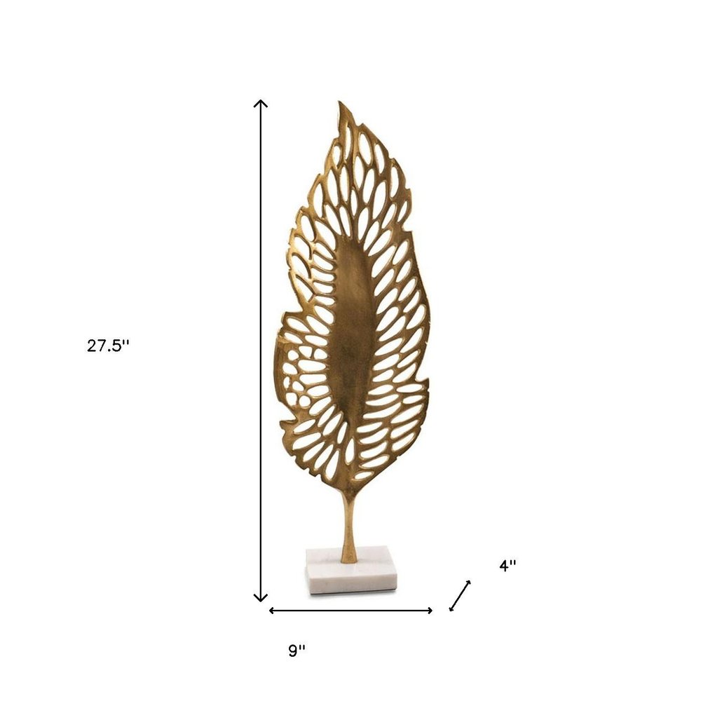 28" Gold And White Aluminum And Marble Leaf Tabletop Sculpture