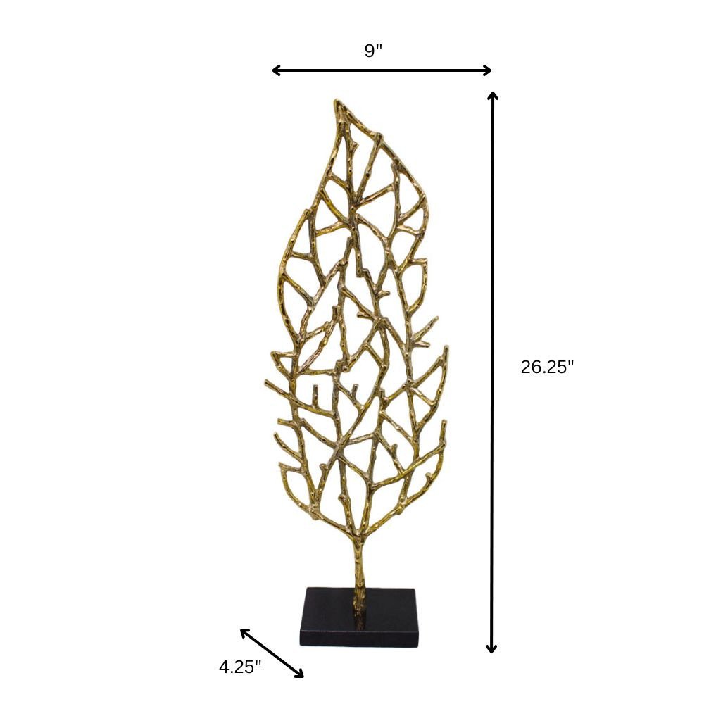 26" Gold And Black Aluminum And Marble Leaf Tabletop Sculpture