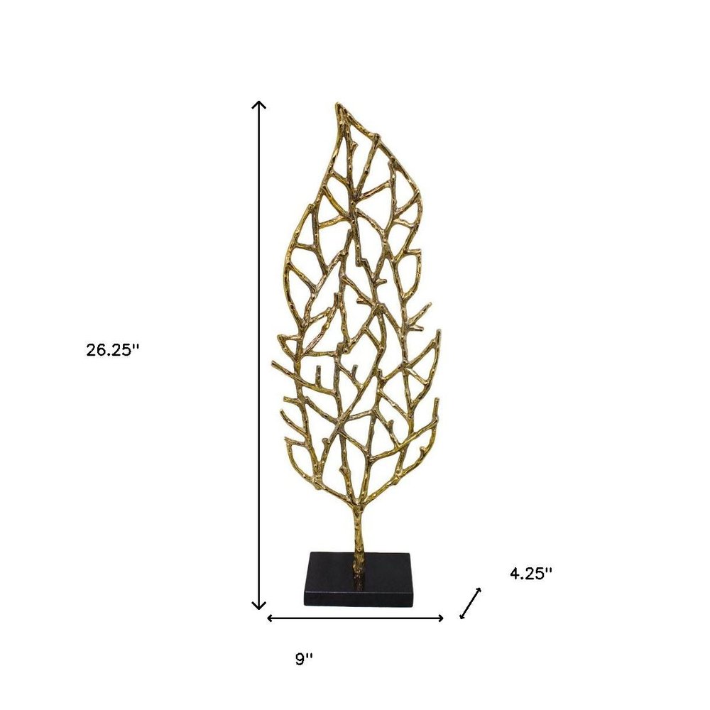 26" Gold And Black Aluminum And Marble Leaf Tabletop Sculpture