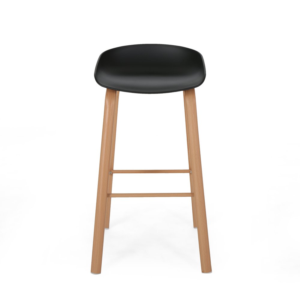 Set of Two Black and Natural Heavy Duty Plastic and Wood Backless Bar Height Bar Chairs