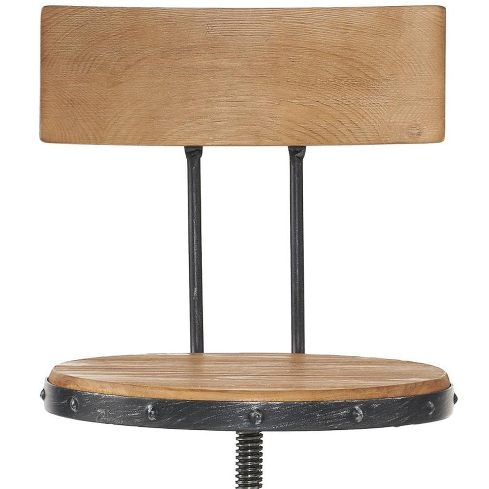 Natural and Black Wood and Metal Low Back Adjustable Height Swivel Bar Chair