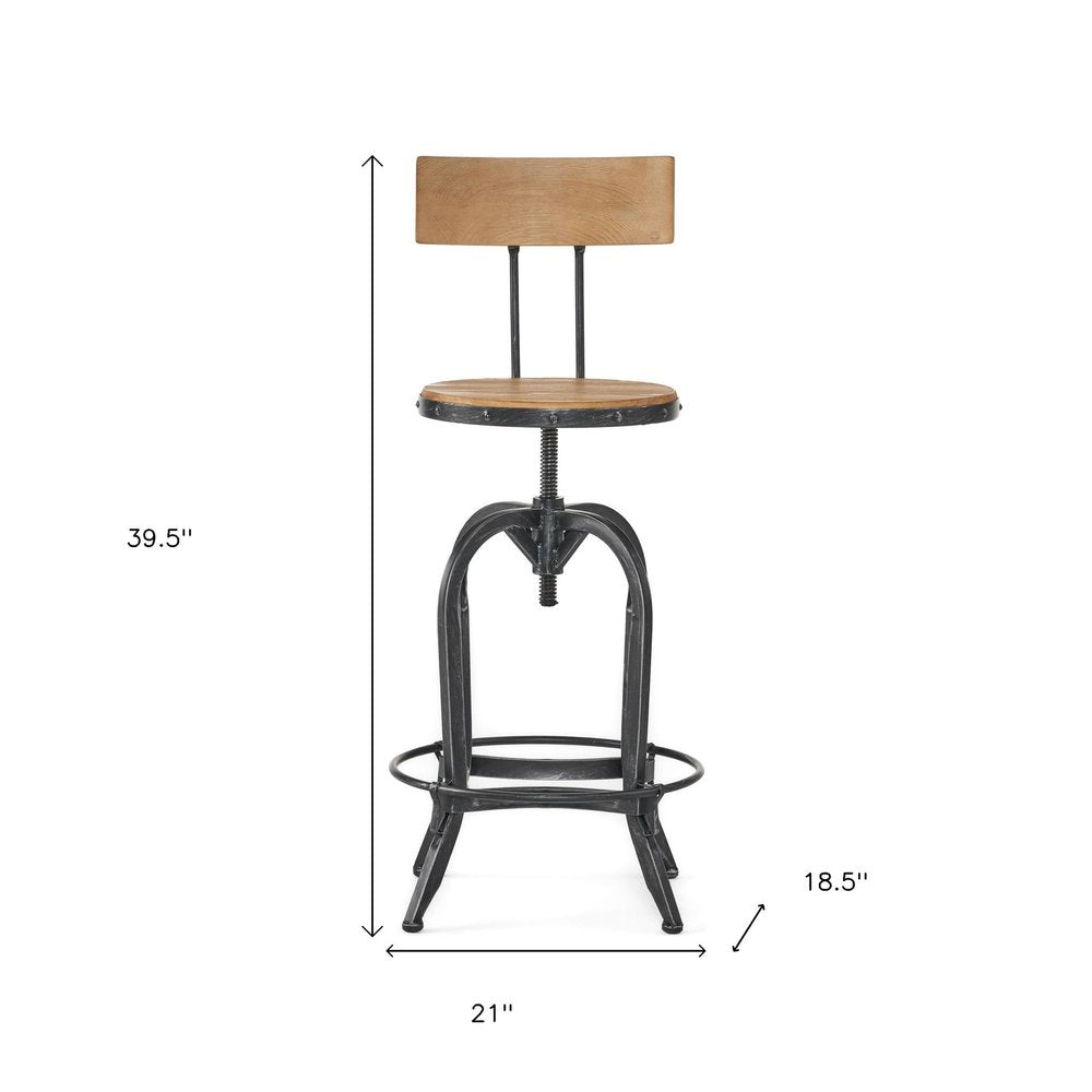 Natural and Black Wood and Metal Low Back Adjustable Height Swivel Bar Chair