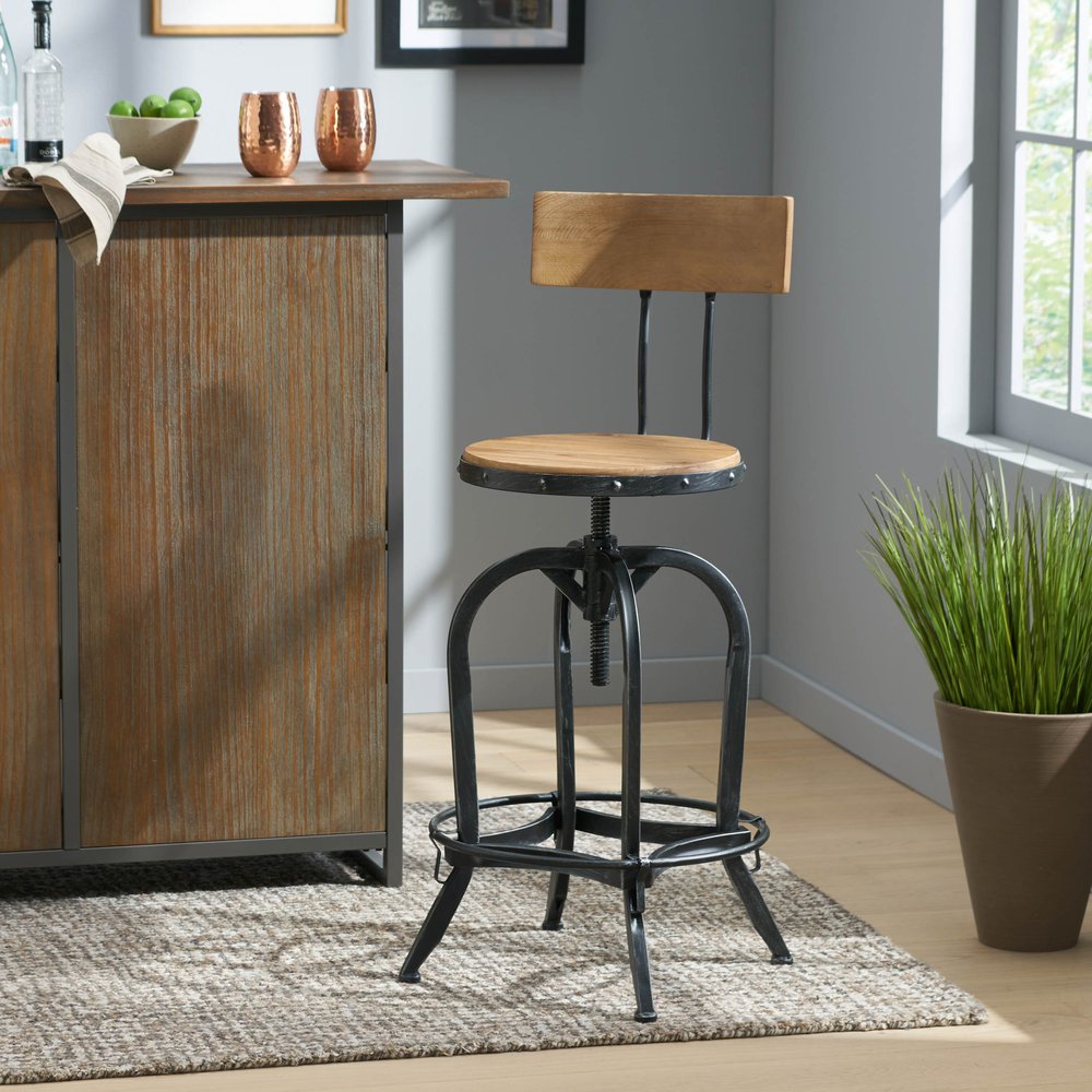 Natural and Black Wood and Metal Low Back Adjustable Height Swivel Bar Chair