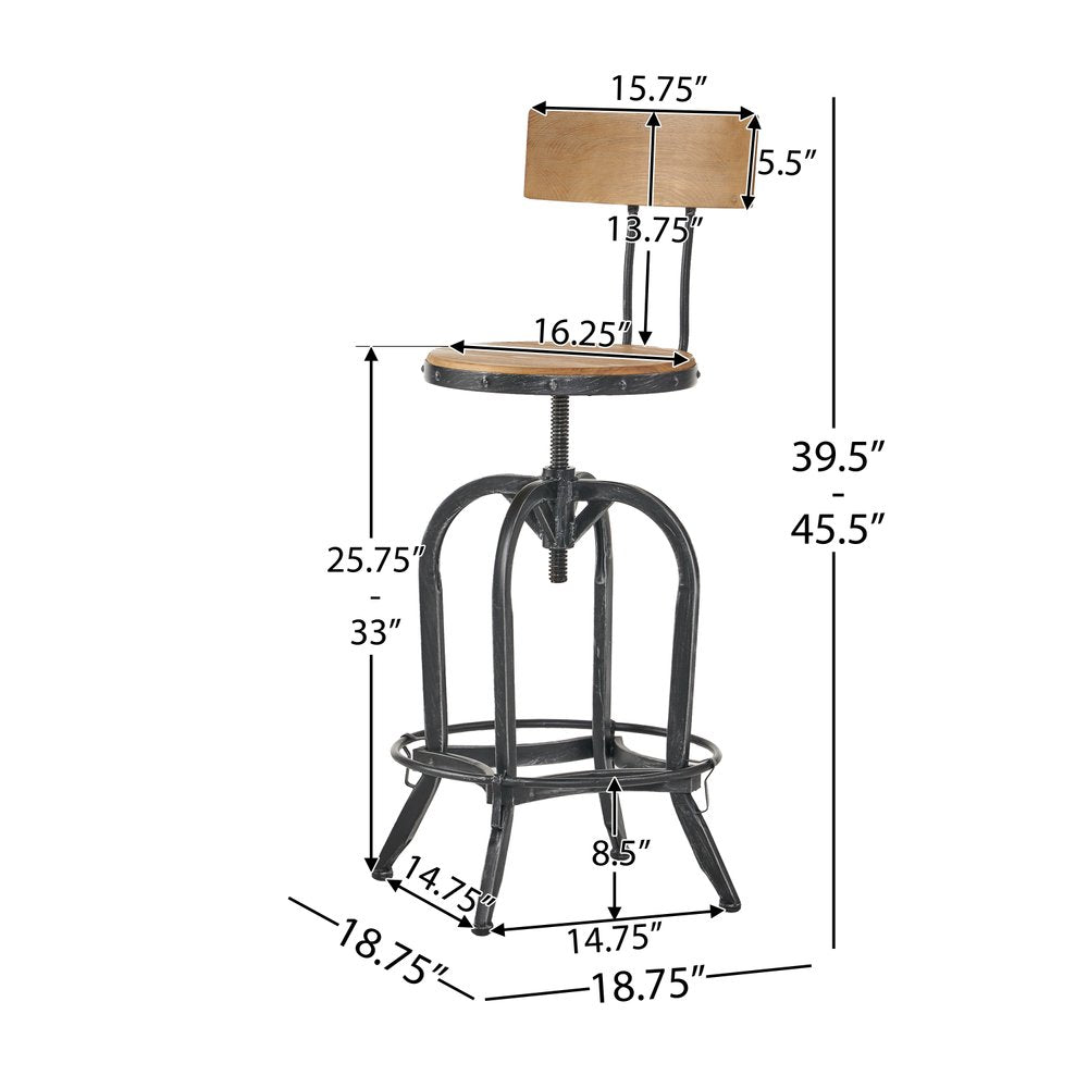 Natural and Black Wood and Metal Low Back Adjustable Height Swivel Bar Chair