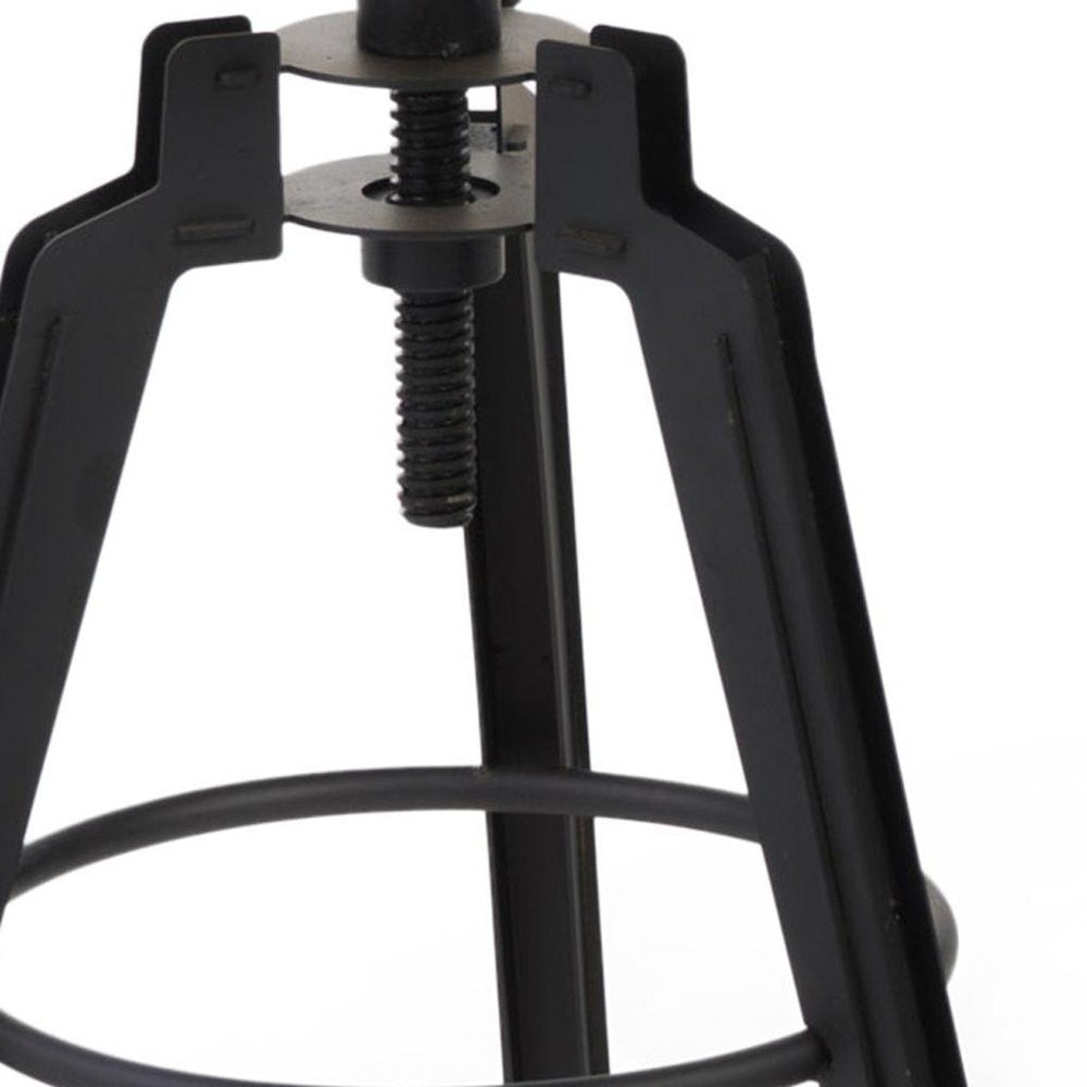 Set of Two Natural and Black Iron and Wood Backless Adjustable Height Swivel Bar Chairs