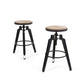 Set of Two Natural and Black Iron and Wood Backless Adjustable Height Swivel Bar Chairs