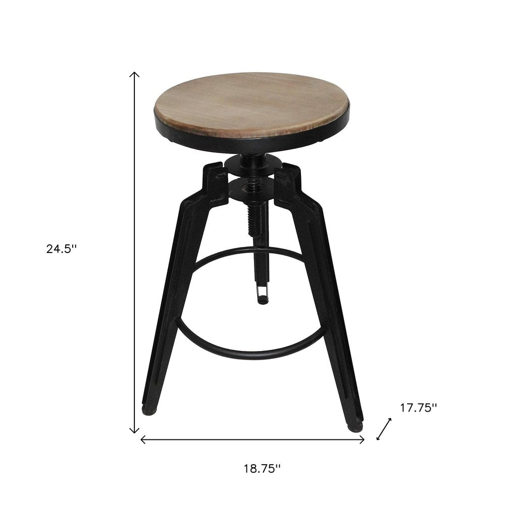 Set of Two Natural and Black Iron and Wood Backless Adjustable Height Swivel Bar Chairs