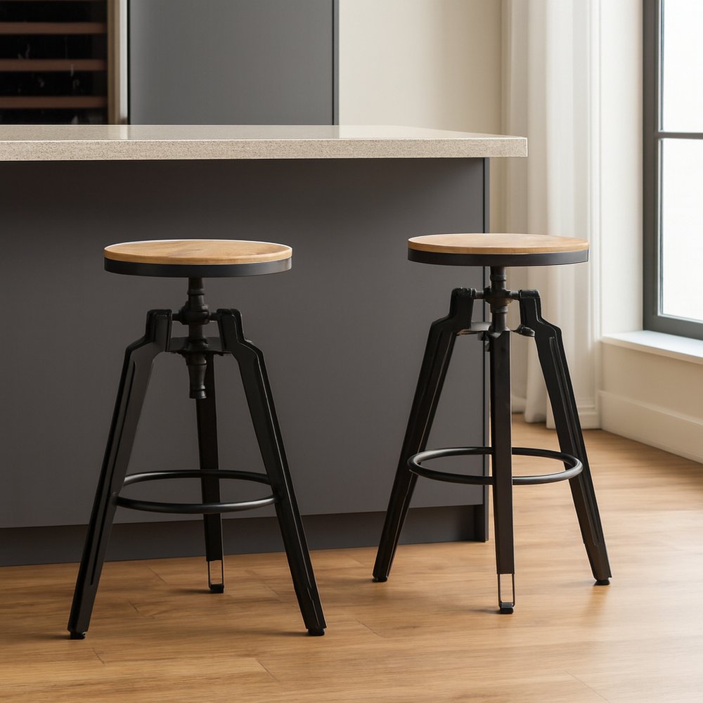 Set of Two Natural and Black Iron and Wood Backless Adjustable Height Swivel Bar Chairs