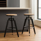 Set of Two Natural and Black Iron and Wood Backless Adjustable Height Swivel Bar Chairs