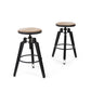 Set of Two Natural and Black Iron and Wood Backless Adjustable Height Swivel Bar Chairs