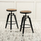 Set of Two Natural and Black Iron and Wood Backless Adjustable Height Swivel Bar Chairs
