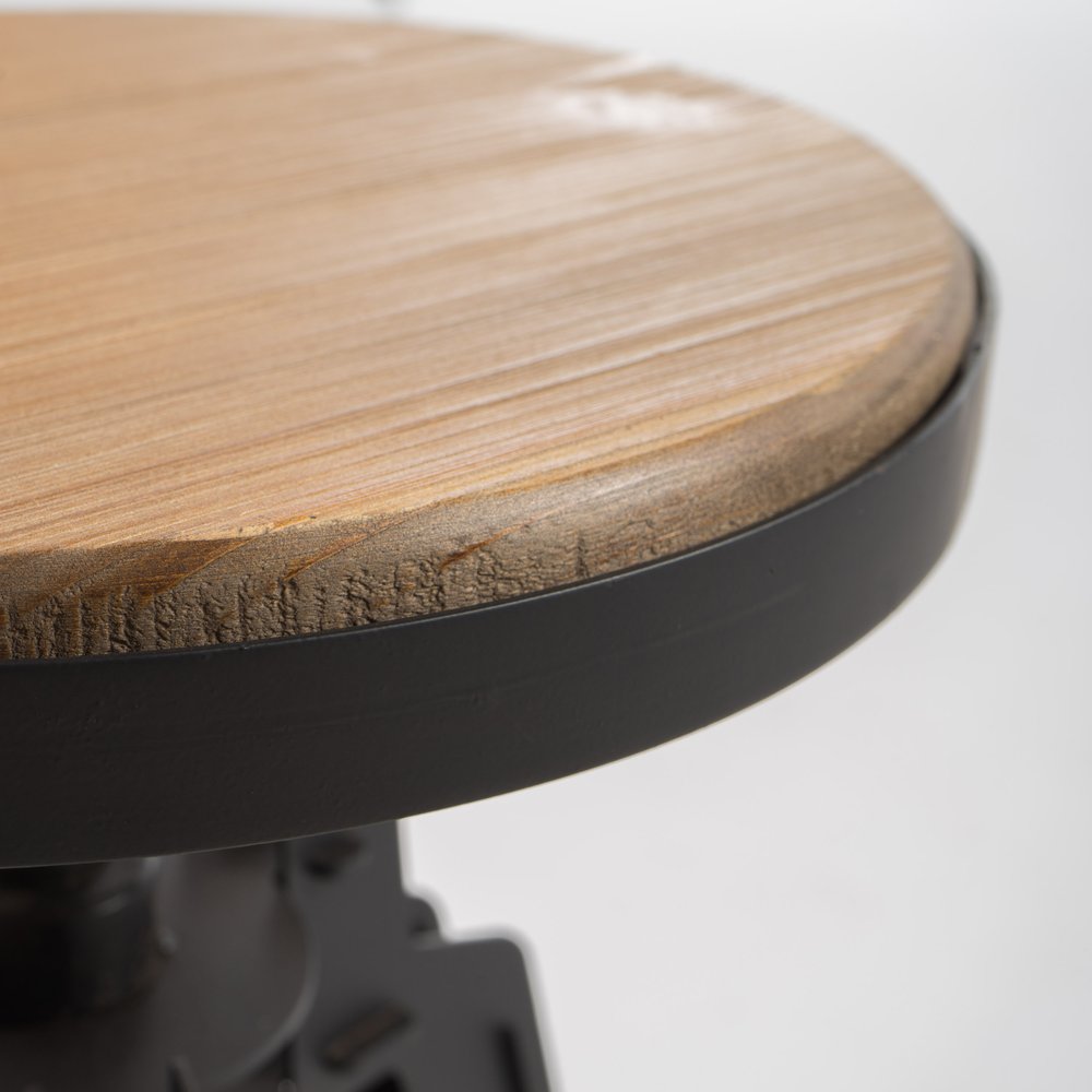 Set of Two Natural and Black Iron and Wood Backless Adjustable Height Swivel Bar Chairs