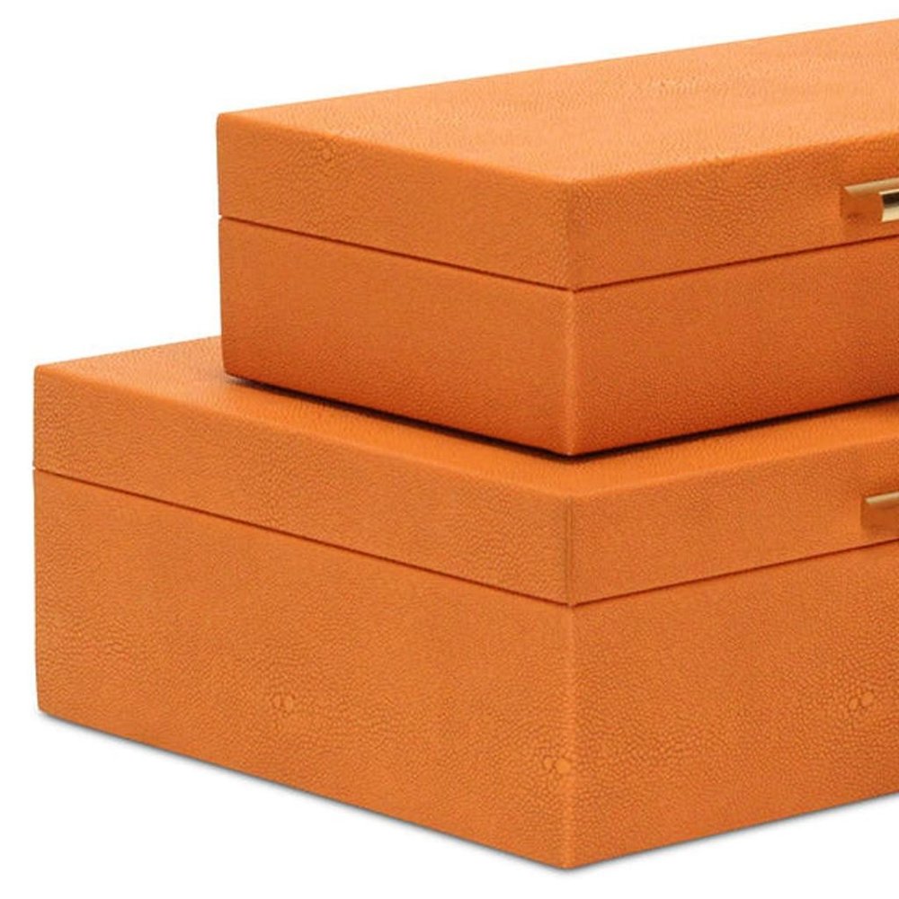 Set Of Two Orange Faux Shagreen Jewelry Boxes With Decorative Hardware